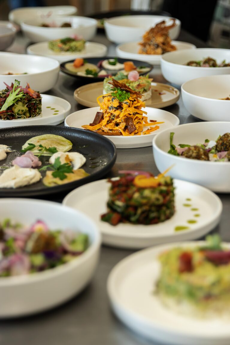 Diversité de plats basés sur les principes de la cuisine végétale mettant en image une profusion de saveurs, textures et couleurs